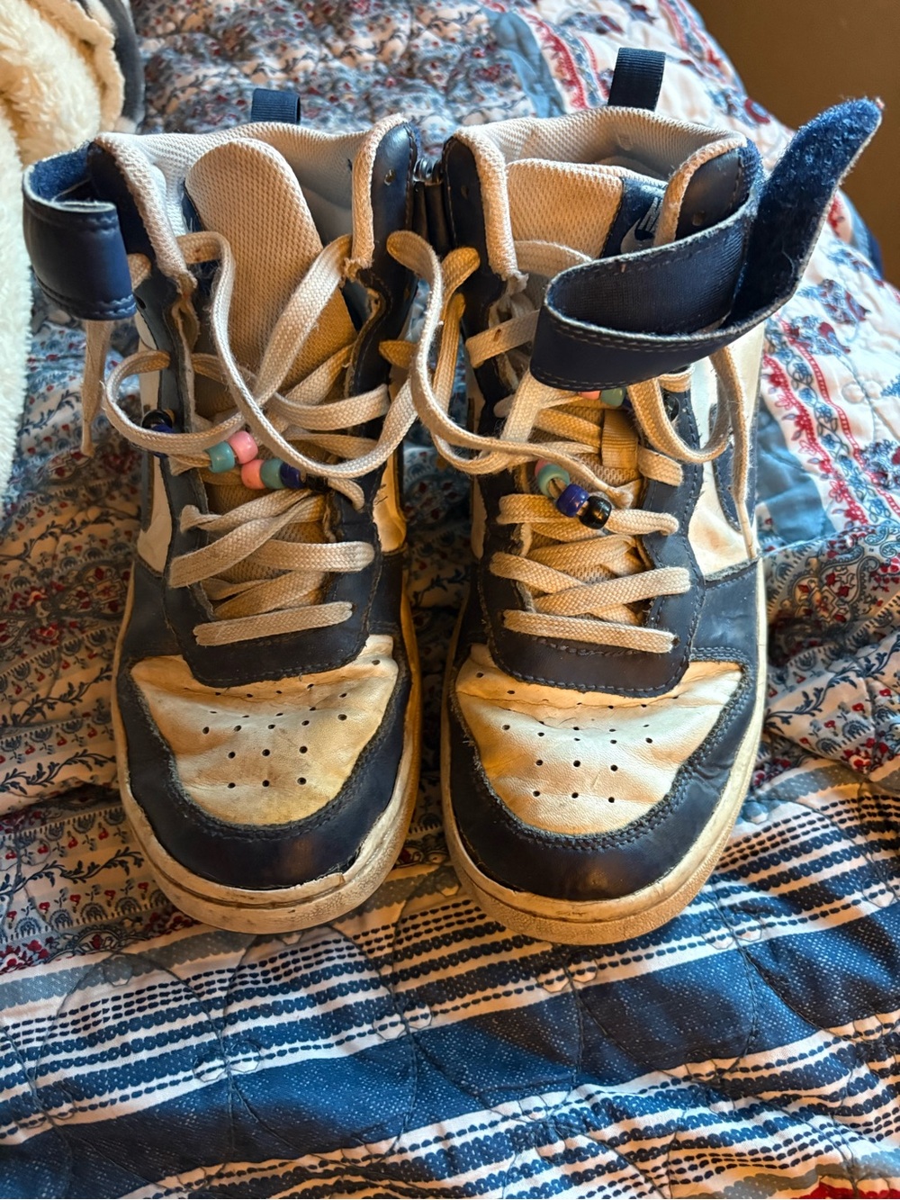 Nike Navy and Cream High-Top Sneakers with Bead Accents